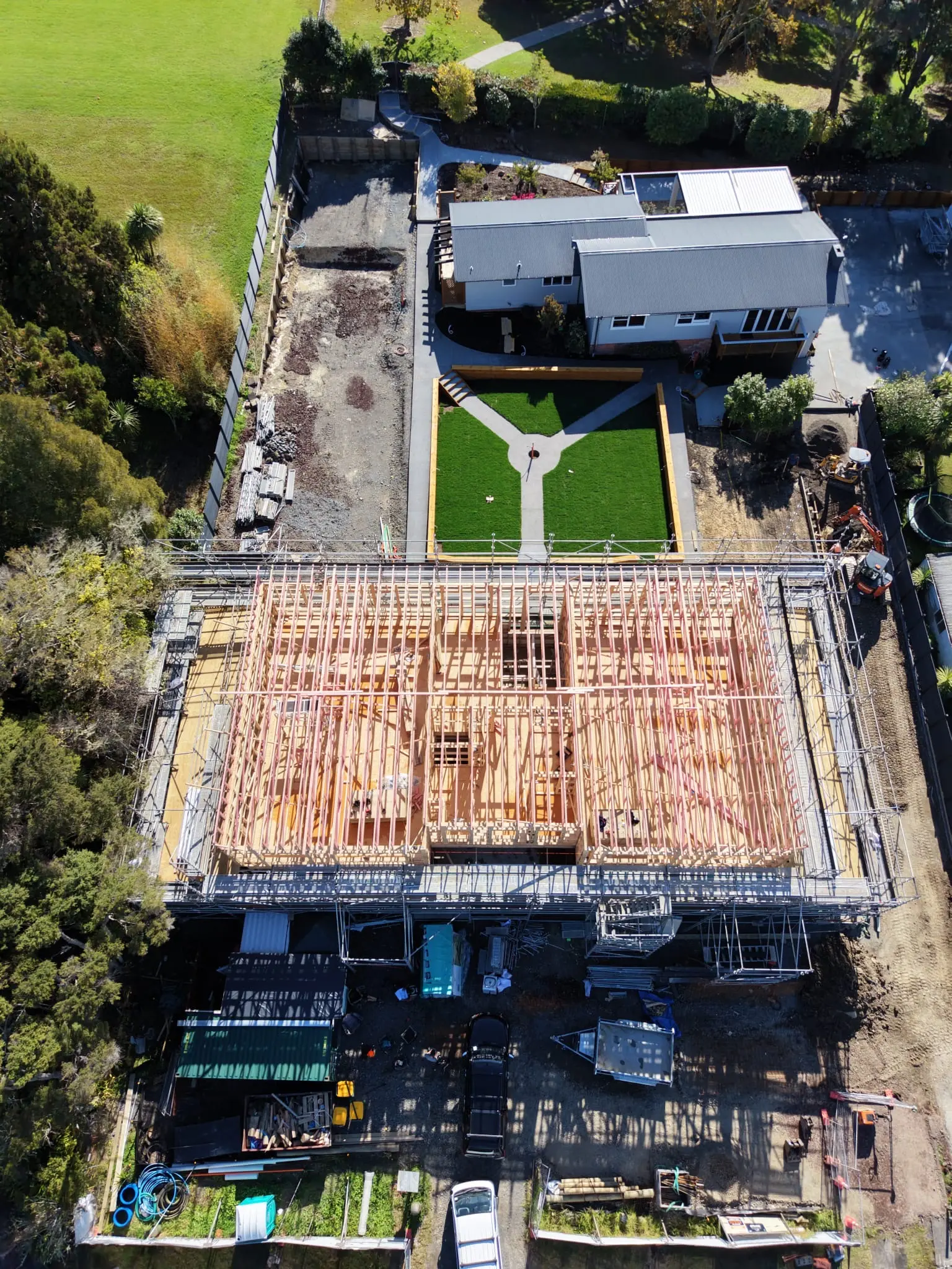 High drone shot of The Academy's main building taken from the front