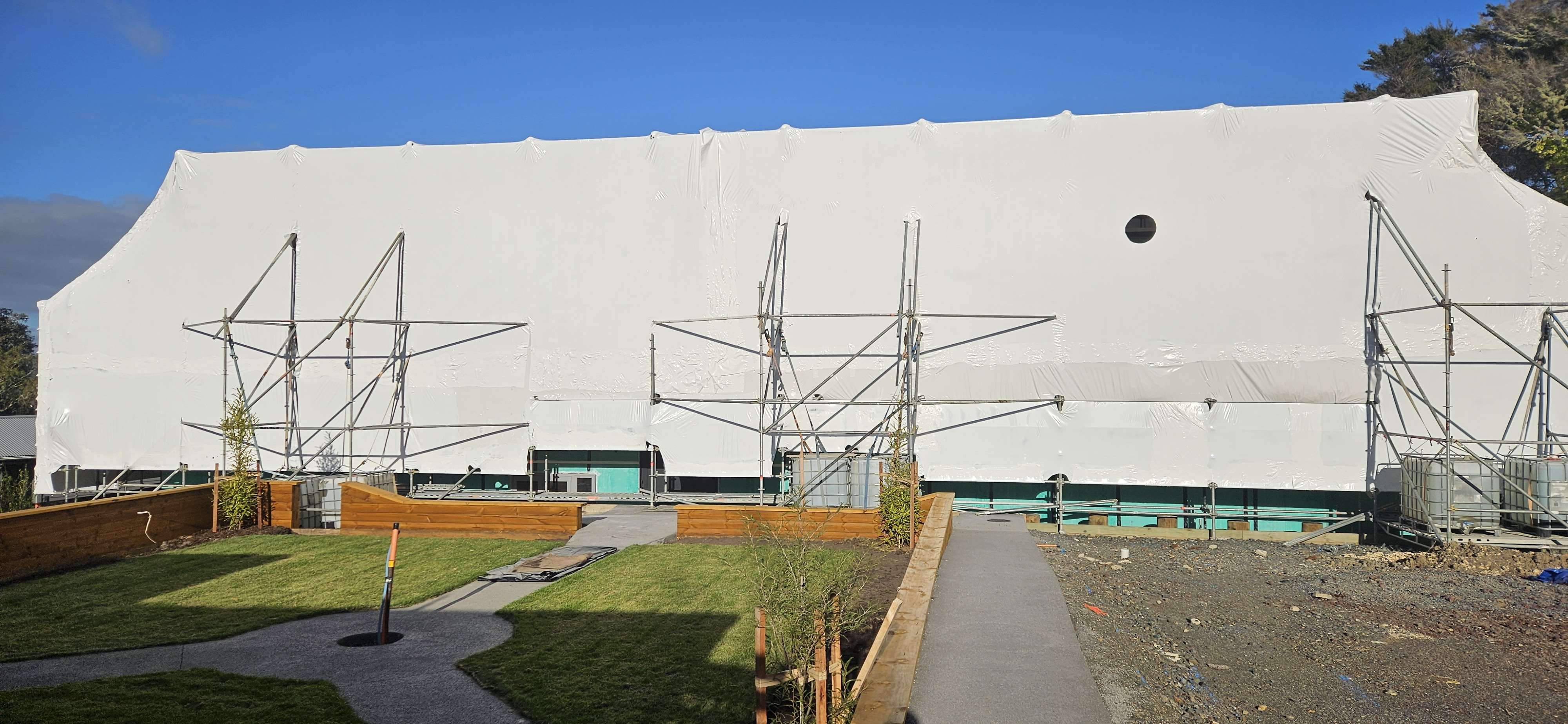 Shot of the rear of The Academy's main building, currently wrapped