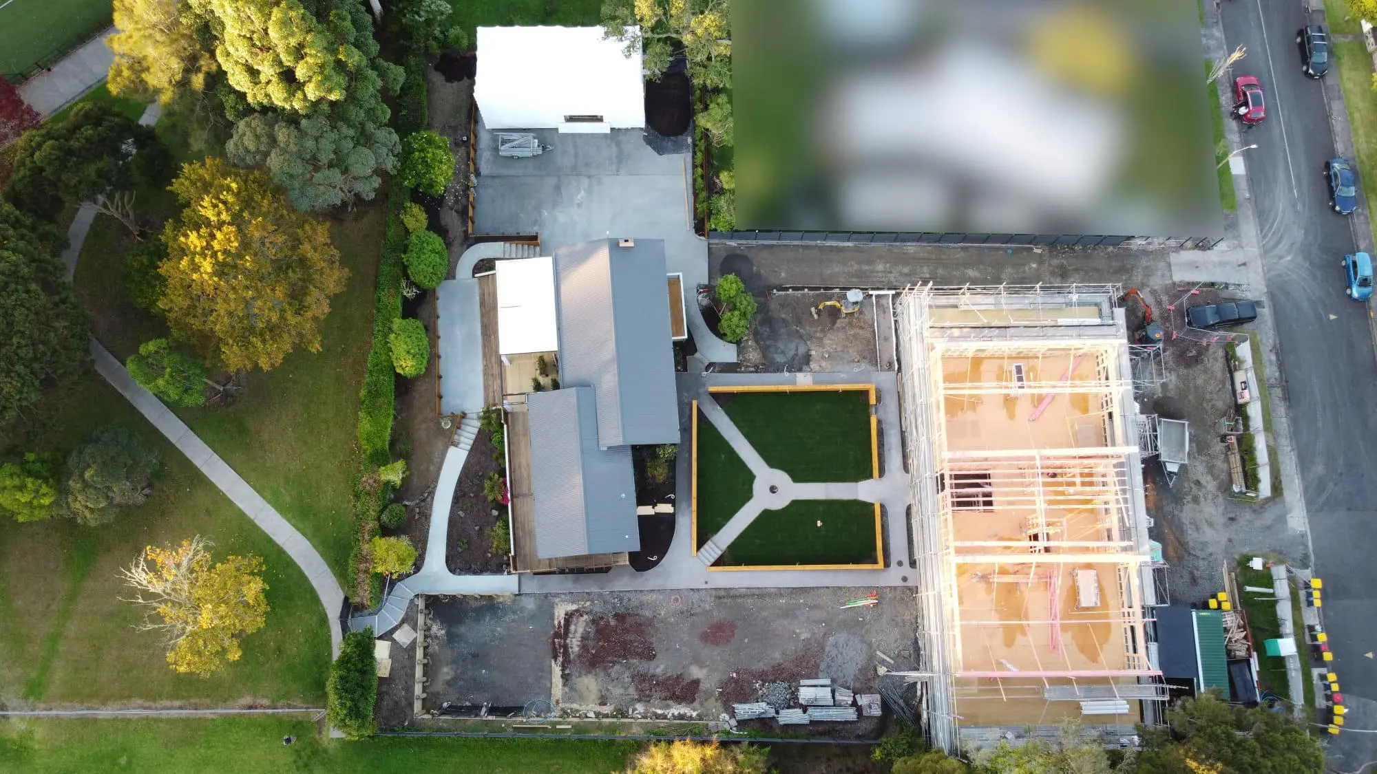 High drone shot of The Academy's main building taken from the back